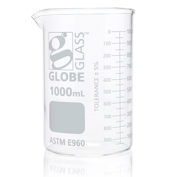 Globe Scientific Beaker, Globe Glass, 1000mL, Low Form Griffin Style, Dual Graduations, ASTM E960, 6/Box, 6PK 8011000 - main